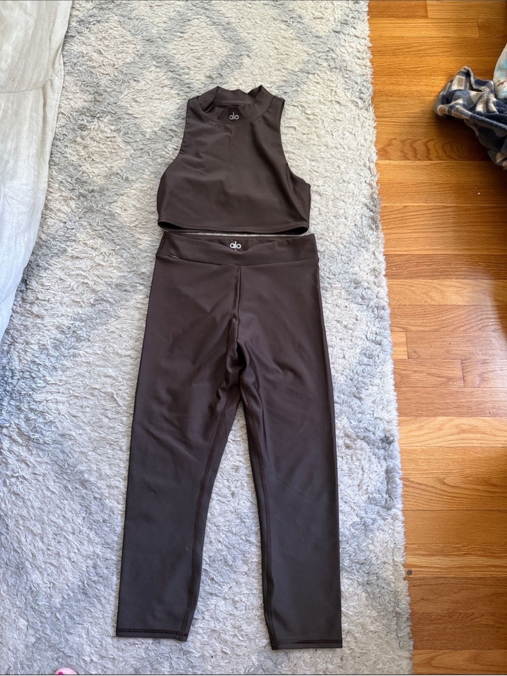 ALO Yoga Chocolate Brown High-Waist Leggings with Cropped Sleeveless Top